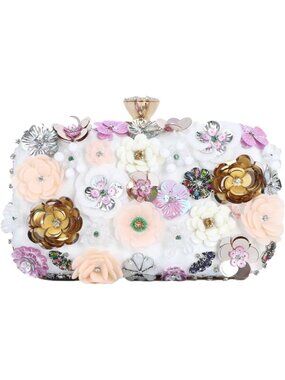Women Beige Clutches Top Flower Chain Strap Evening Handbag Shoulder Bag